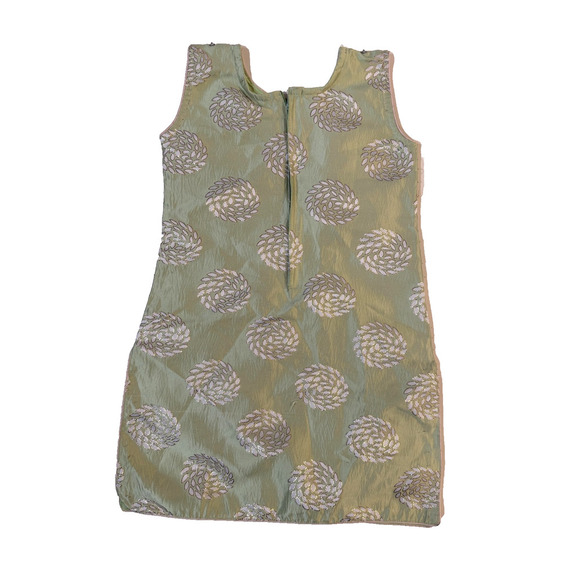 Traditional Brocade Dress Girls 32 Green Gold Floral Sleeveless Ethnic Partywear - Picture 6 of 7